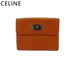 CELINE W Hook Wallet Triomphe Plate Orange Leather Authentic Used t21817